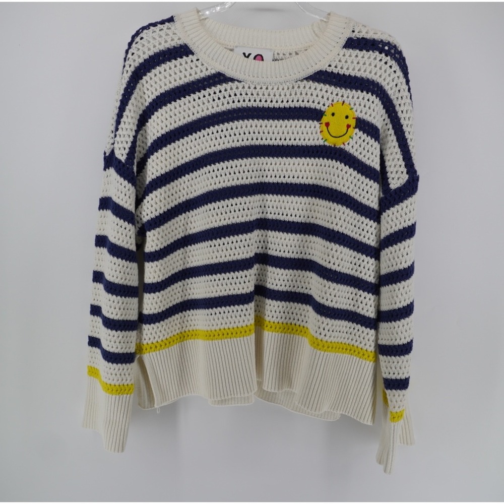 Kerri Rosenthal XOKR Striped Knit Sweater XL Navy Ivory Yellow